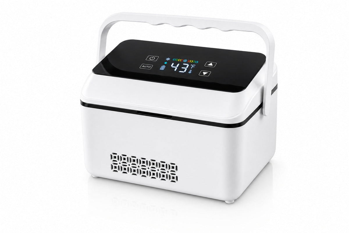 VialHaus Cold portable vial cooler, closed, display lit
