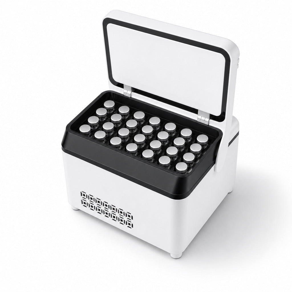 VialHaus Cold with the lid open, tray loaded with 3 ml vials