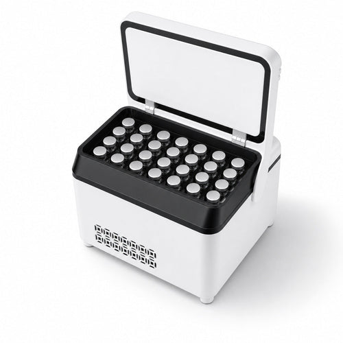 VialHaus Cold with the lid open, tray loaded with 3 ml vials